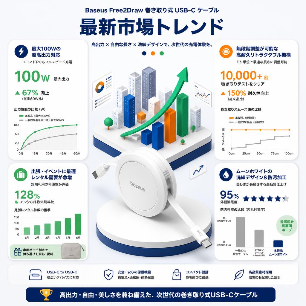 Baseus Free2Draw 巻き取り式 USB-C ケーブル ムーンホワイト PD100W 1m P10364500211-00 セールスポイント