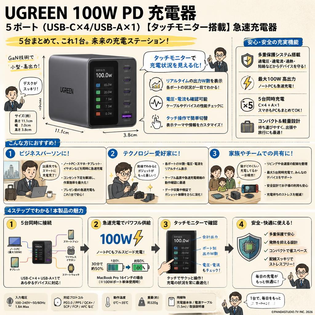 UGREEN 100W PD 充電器 5ポート(USB-C×4/USB-A×1) 【タッチモニター搭載】急速充電器 おもな対象のお客様