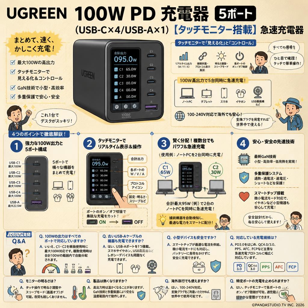 UGREEN 100W PD 充電器 5ポート(USB-C×4/USB-A×1) 【タッチモニター搭載】急速充電器 FAQ（よくある質問と答え）