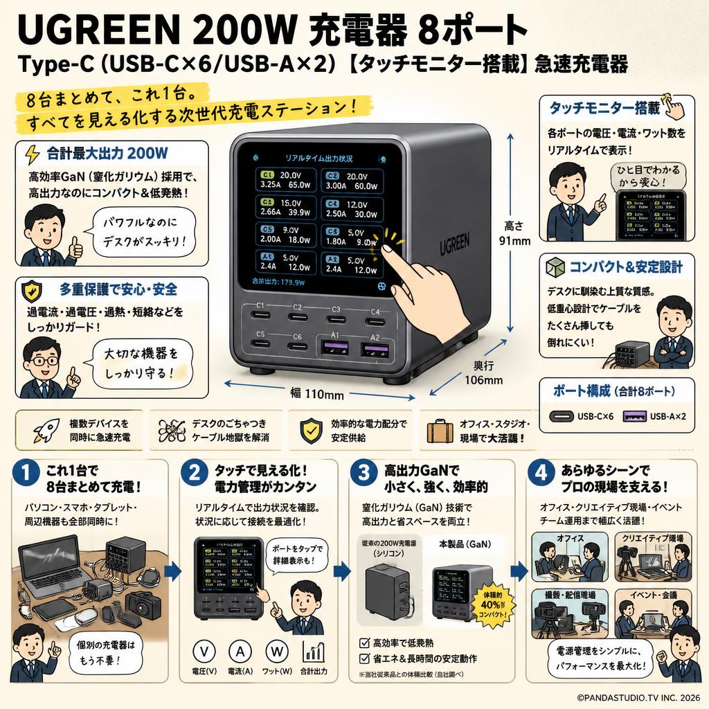 UGREEN 200W 充電器 8ポート Type-C(USB-C×6/USB-A×2) 【タッチモニター搭載】急速充電器 概要