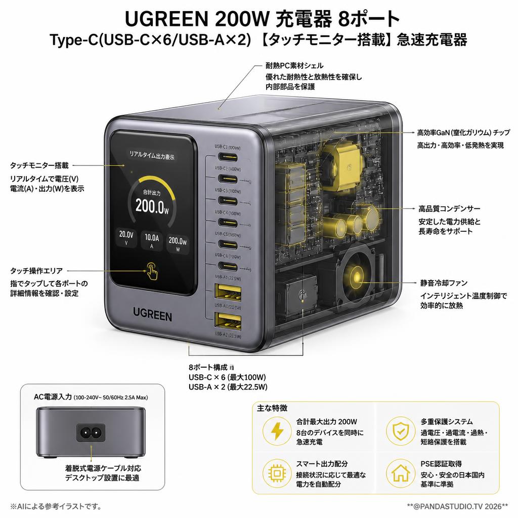 UGREEN 200W 充電器 8ポート Type-C(USB-C×6/USB-A×2) 【タッチモニター搭載】急速充電器 スペック