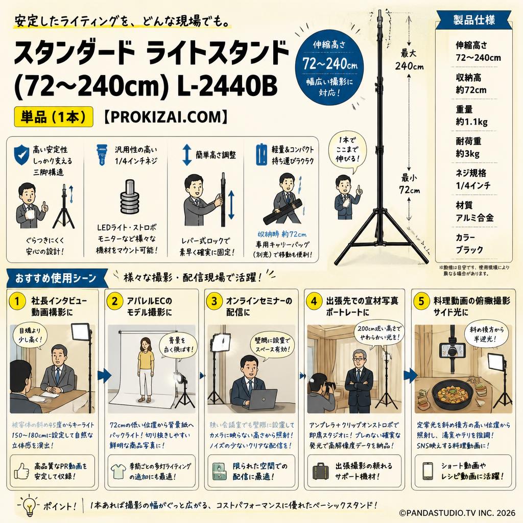 スタンダード ライトスタンド(72～240cm) L-2440B 単品（1本）【PROKIZAI.COM】 用途