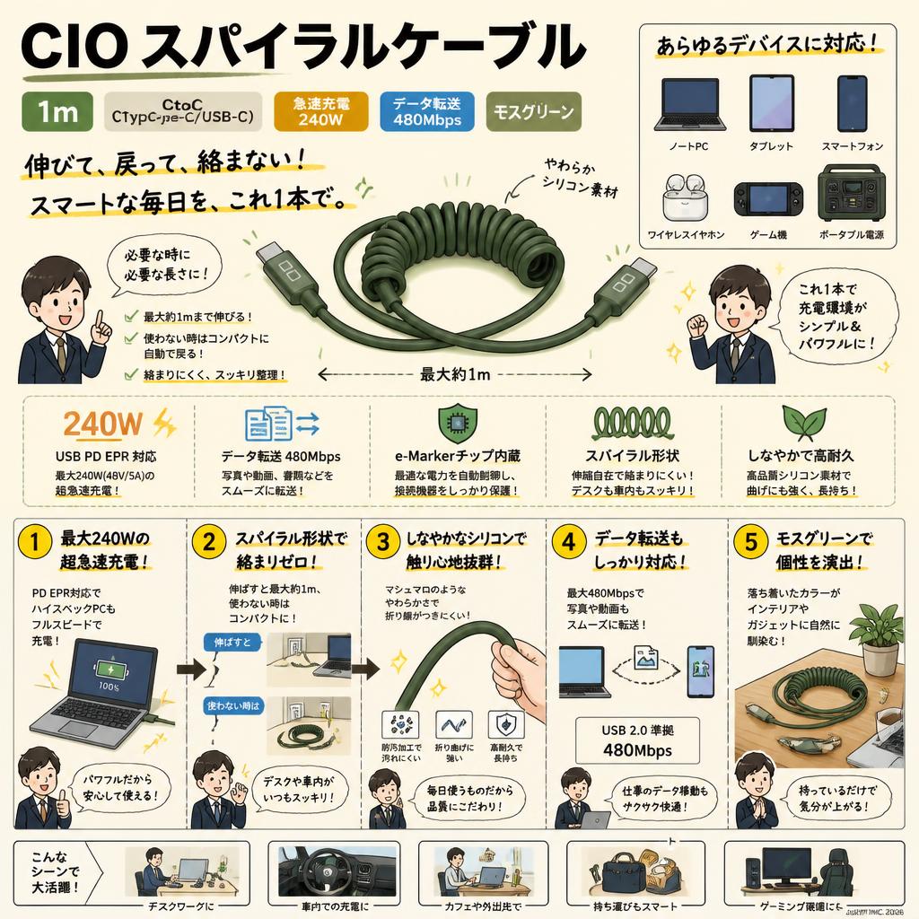 CIO スパイラルケーブル 1m CtoC (Type-C/USB-C) 急速充電  240W データ転送 480Mbps (モスグリーン) 概要