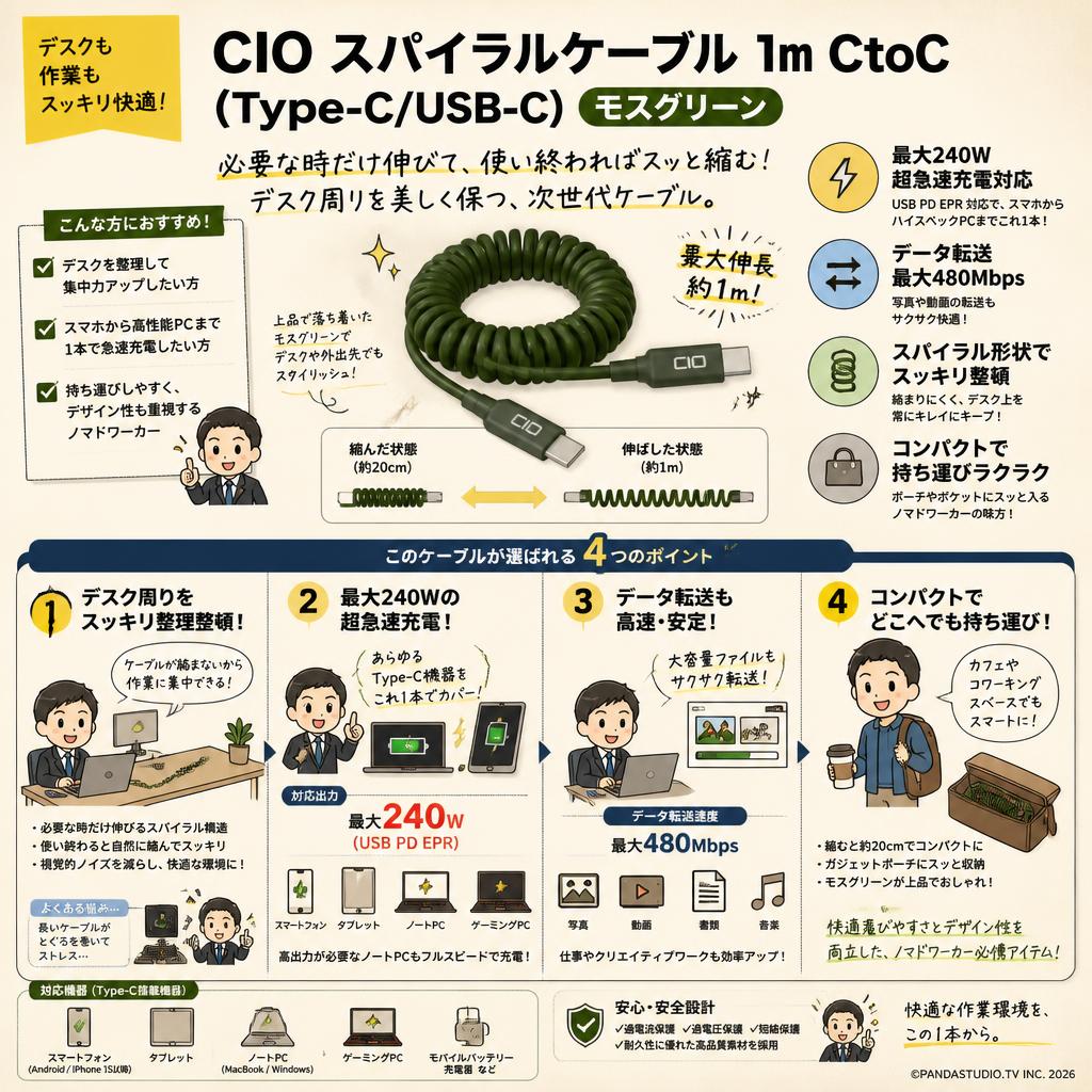 CIO スパイラルケーブル 1m CtoC (Type-C/USB-C) 急速充電  240W データ転送 480Mbps (モスグリーン) おもな対象のお客様