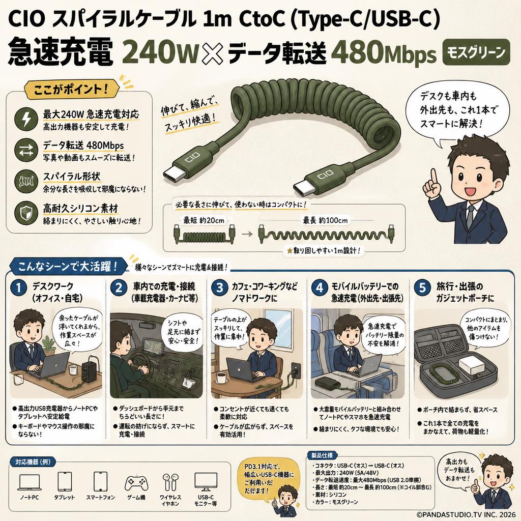 CIO スパイラルケーブル 1m CtoC (Type-C/USB-C) 急速充電  240W データ転送 480Mbps (モスグリーン) 用途
