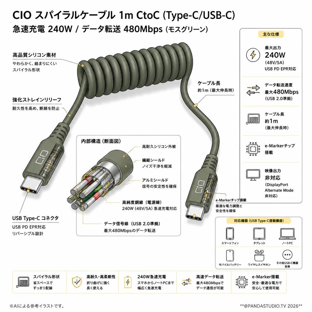 CIO スパイラルケーブル 1m CtoC (Type-C/USB-C) 急速充電  240W データ転送 480Mbps (モスグリーン) スペック