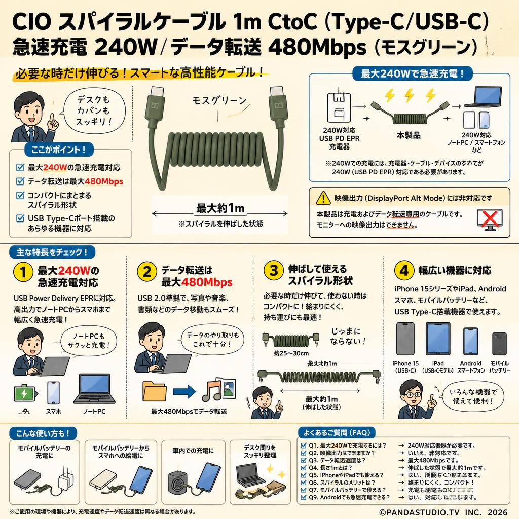 CIO スパイラルケーブル 1m CtoC (Type-C/USB-C) 急速充電  240W データ転送 480Mbps (モスグリーン) FAQ（よくある質問と答え）