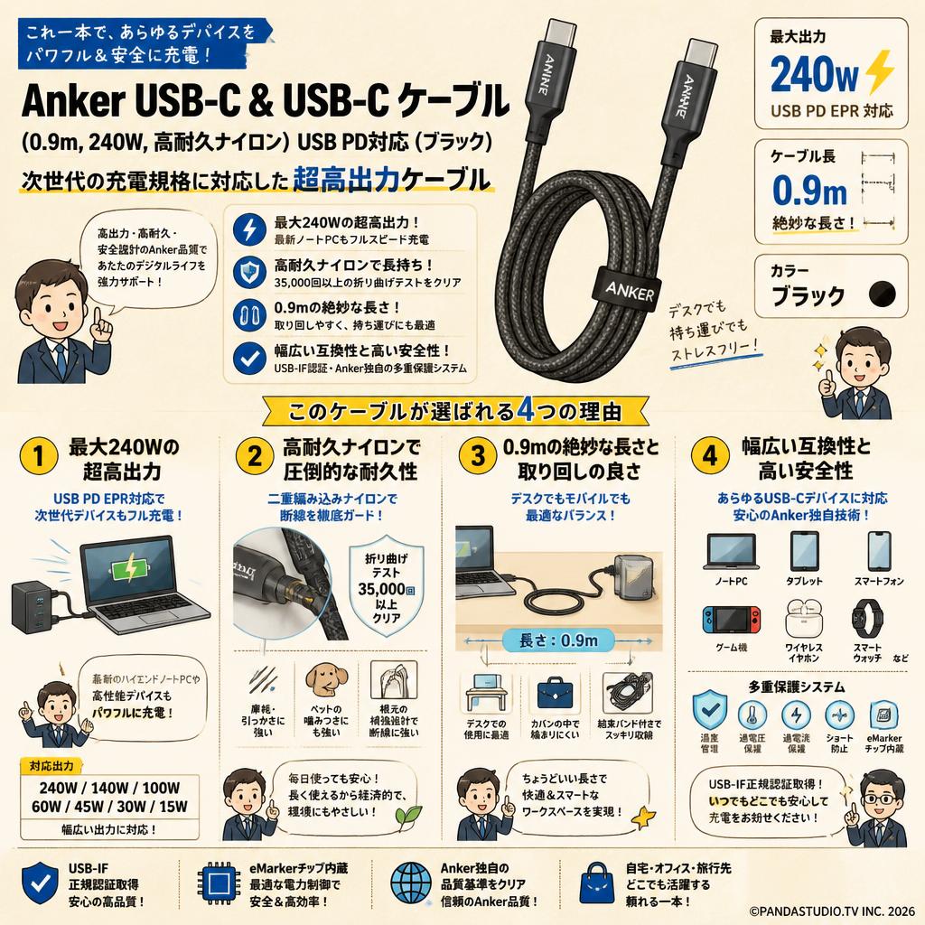 Anker USB-C & USB-C ケーブル (0.9m, 240W, 高耐久ナイロン) USB PD対応 （ブラック） 概要