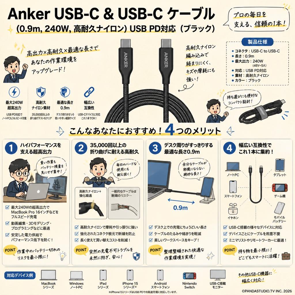 Anker USB-C & USB-C ケーブル (0.9m, 240W, 高耐久ナイロン) USB PD対応 （ブラック） おもな対象のお客様