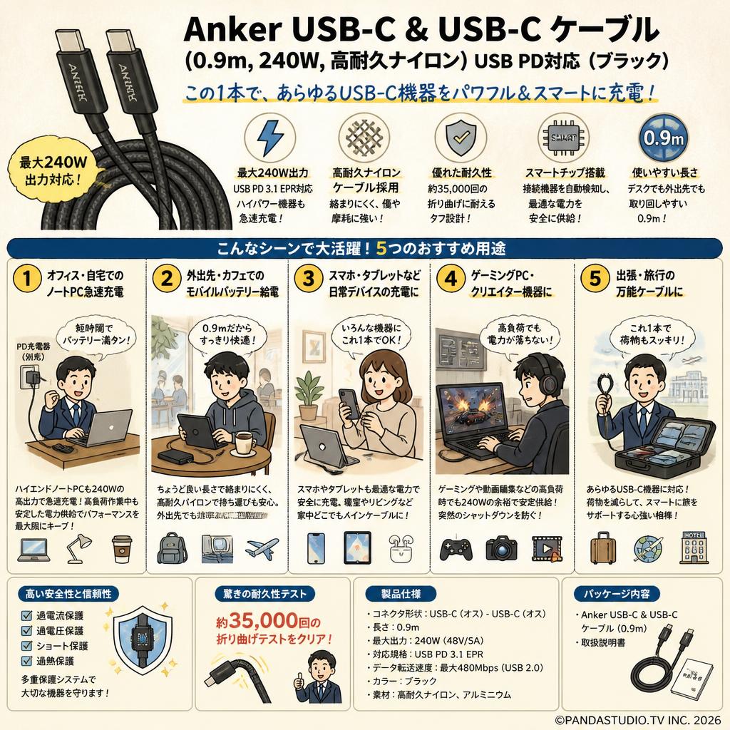 Anker USB-C & USB-C ケーブル (0.9m, 240W, 高耐久ナイロン) USB PD対応 （ブラック） 用途