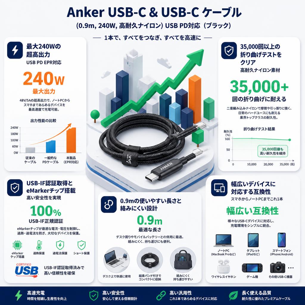 Anker USB-C & USB-C ケーブル (0.9m, 240W, 高耐久ナイロン) USB PD対応 （ブラック） セールスポイント