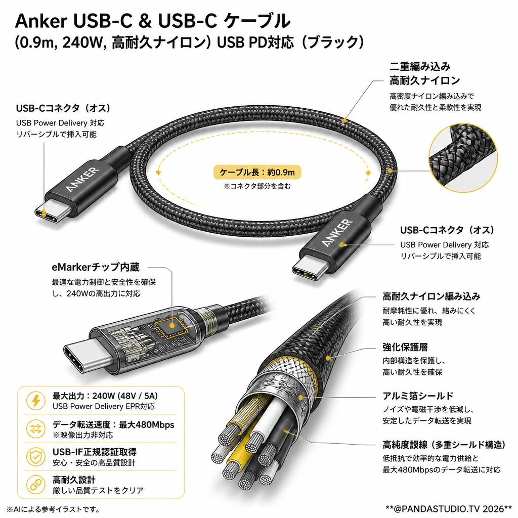 Anker USB-C & USB-C ケーブル (0.9m, 240W, 高耐久ナイロン) USB PD対応 （ブラック） スペック