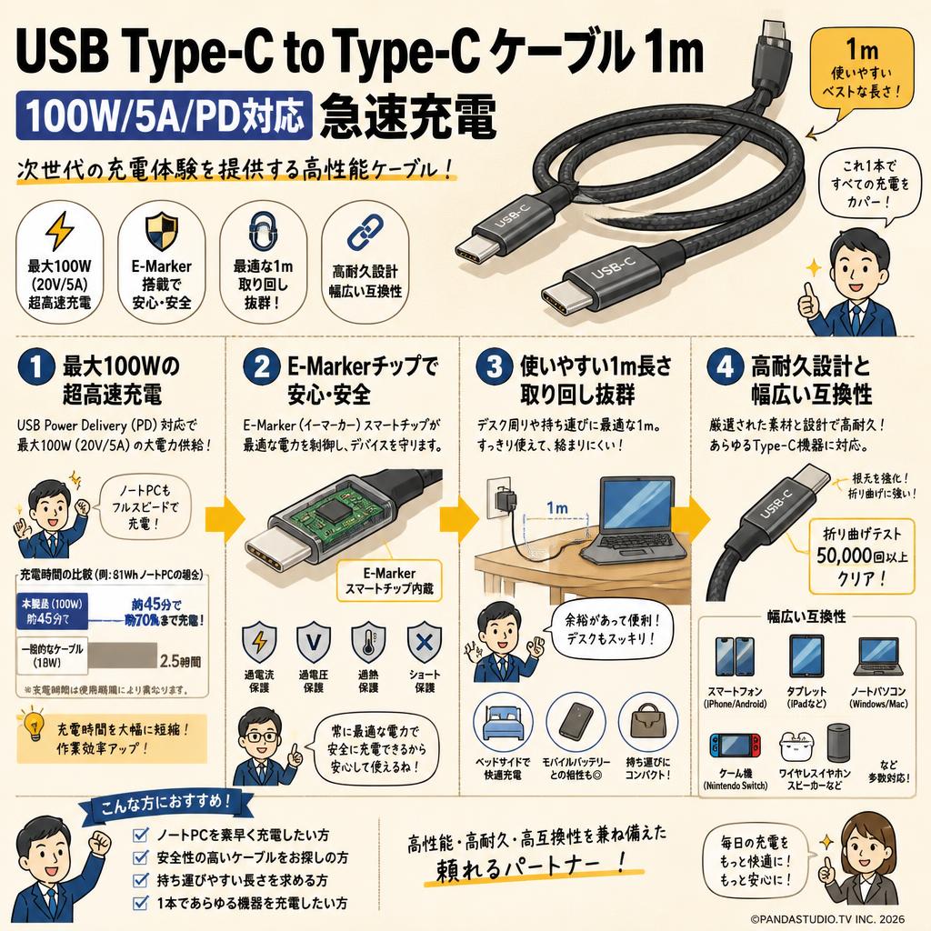 USB Type-C to Type-C ケーブル 1m【100W/5A/PD対応】 急速充電 概要