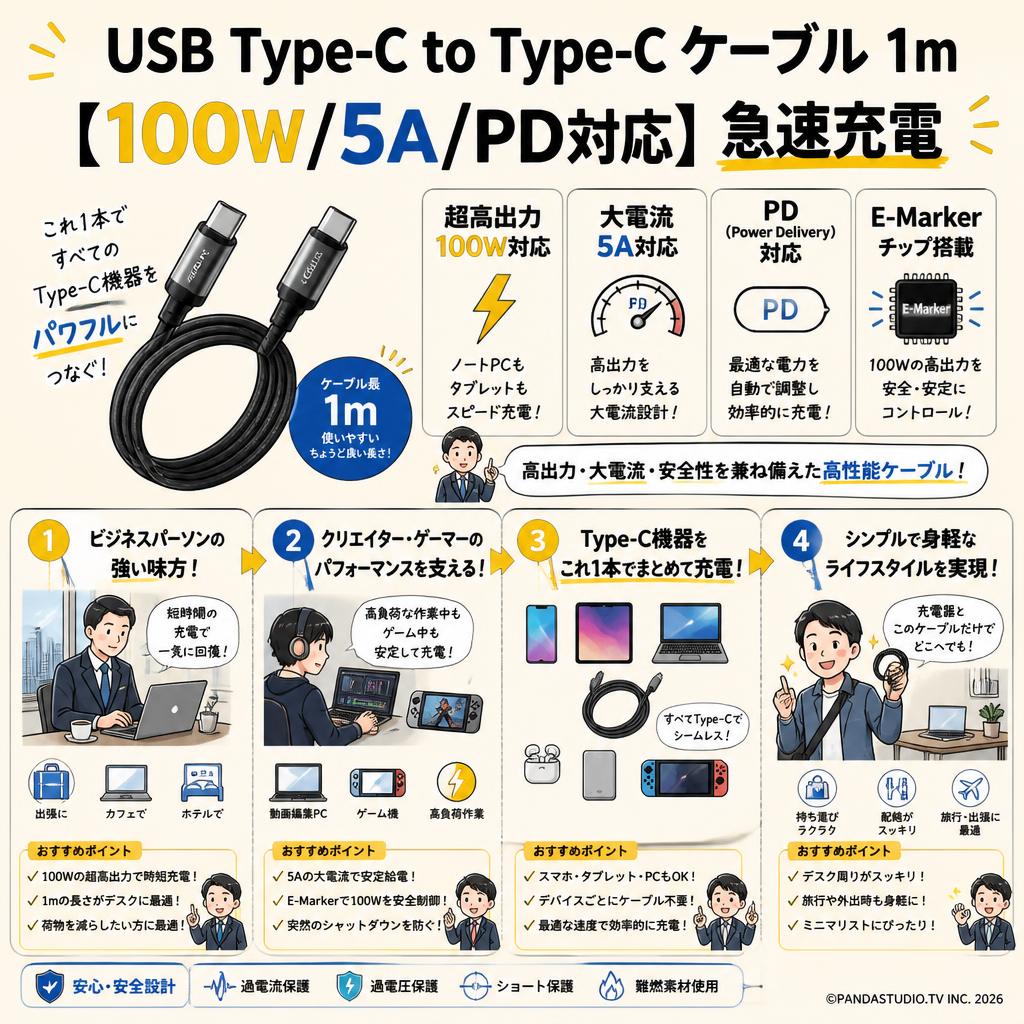 USB Type-C to Type-C ケーブル 1m【100W/5A/PD対応】 急速充電 おもな対象のお客様