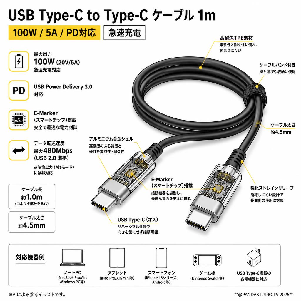 USB Type-C to Type-C ケーブル 1m【100W/5A/PD対応】 急速充電 スペック