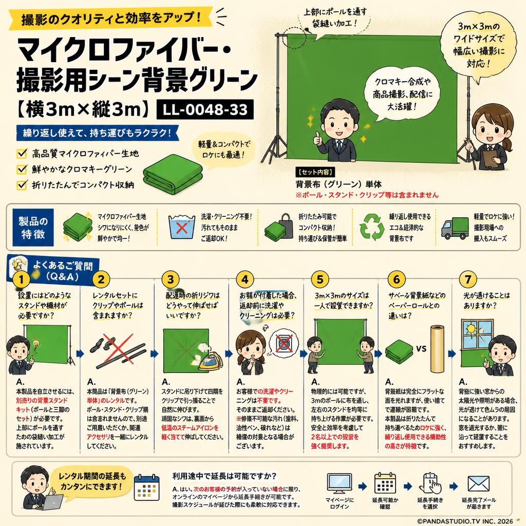 マイクロファイバー・撮影用シーン背景グリーン(横3m×縦3m）_LL-0048-33【PROKIZAI.COM】 FAQ（よくある質問と答え）