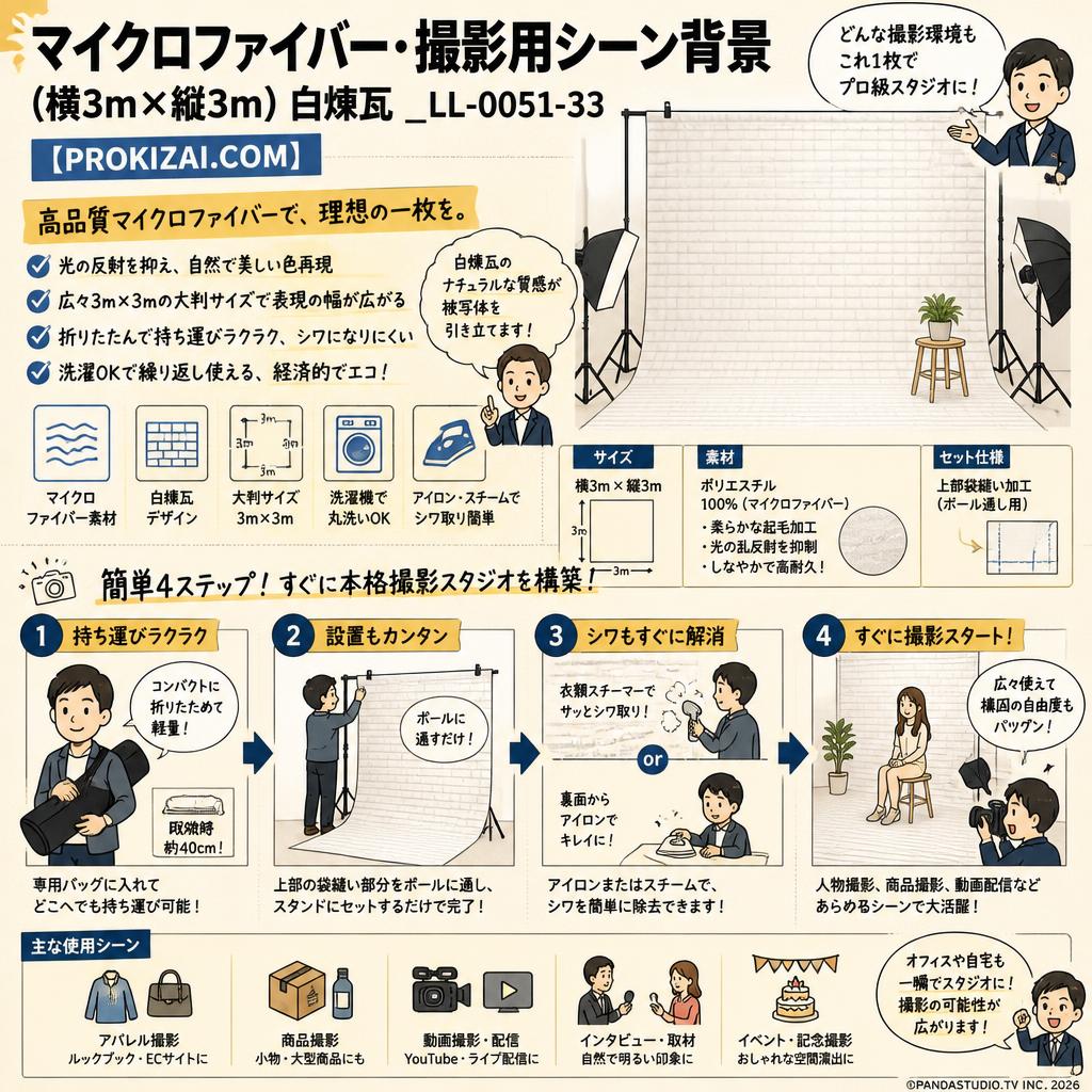 マイクロファイバー・撮影用シーン背景(横3m×縦3m)白煉瓦_LL-0051-33【PROKIZAI.COM】 概要