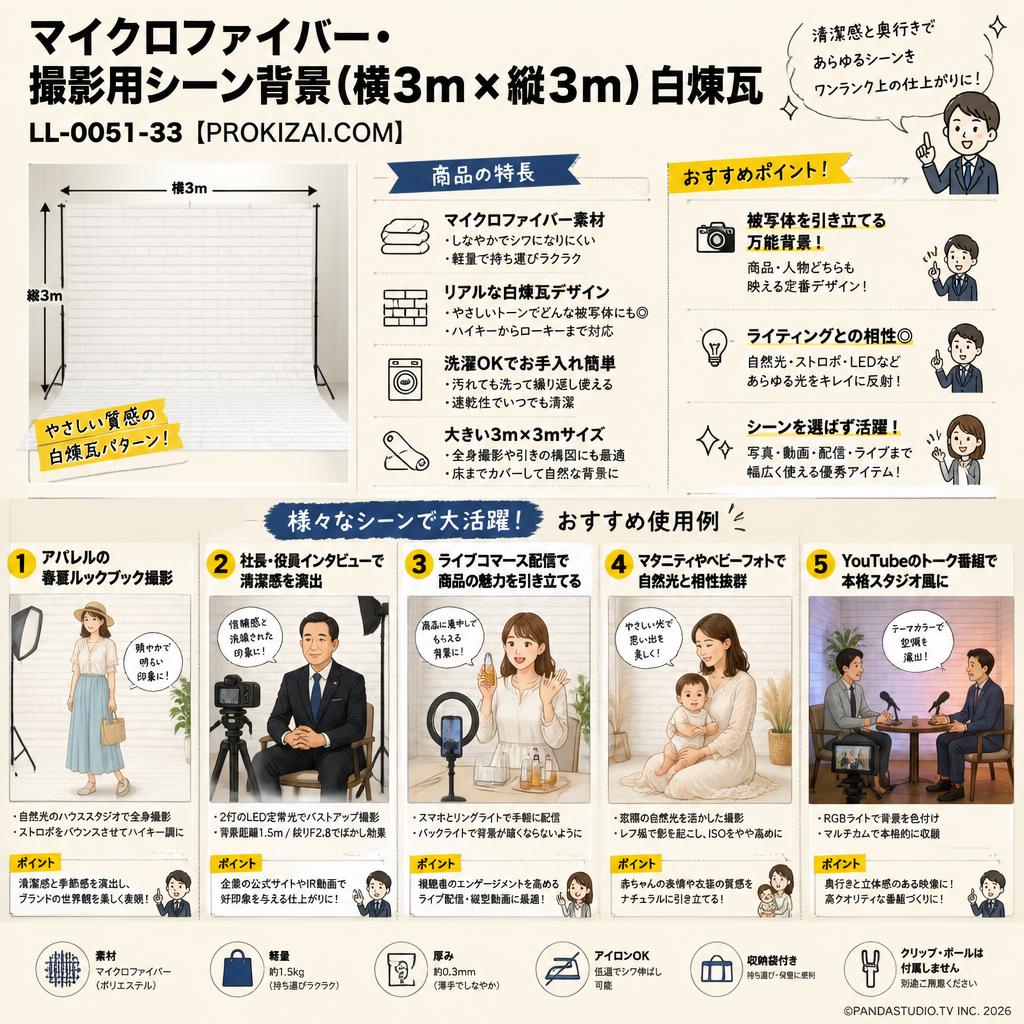 マイクロファイバー・撮影用シーン背景(横3m×縦3m)白煉瓦_LL-0051-33【PROKIZAI.COM】 用途