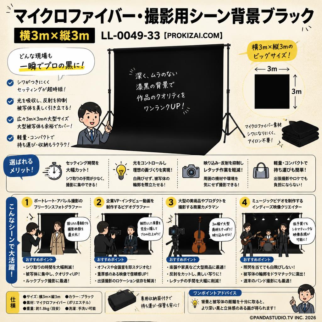 マイクロファイバー・撮影用シーン背景ブラック(横3m×縦3m）_LL-0049-33【PROKIZAI.COM】 おもな対象のお客様