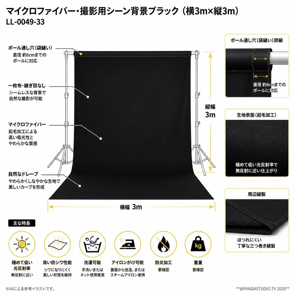 マイクロファイバー・撮影用シーン背景ブラック(横3m×縦3m）_LL-0049-33【PROKIZAI.COM】 スペック