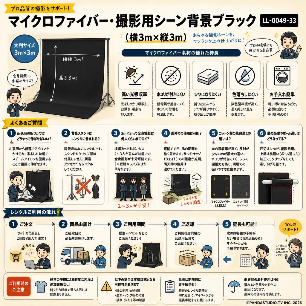 マイクロファイバー・撮影用シーン背景ブラック(横3m×縦3m）_LL-0049-33【PROKIZAI.COM】 FAQ（よくある質問と答え）