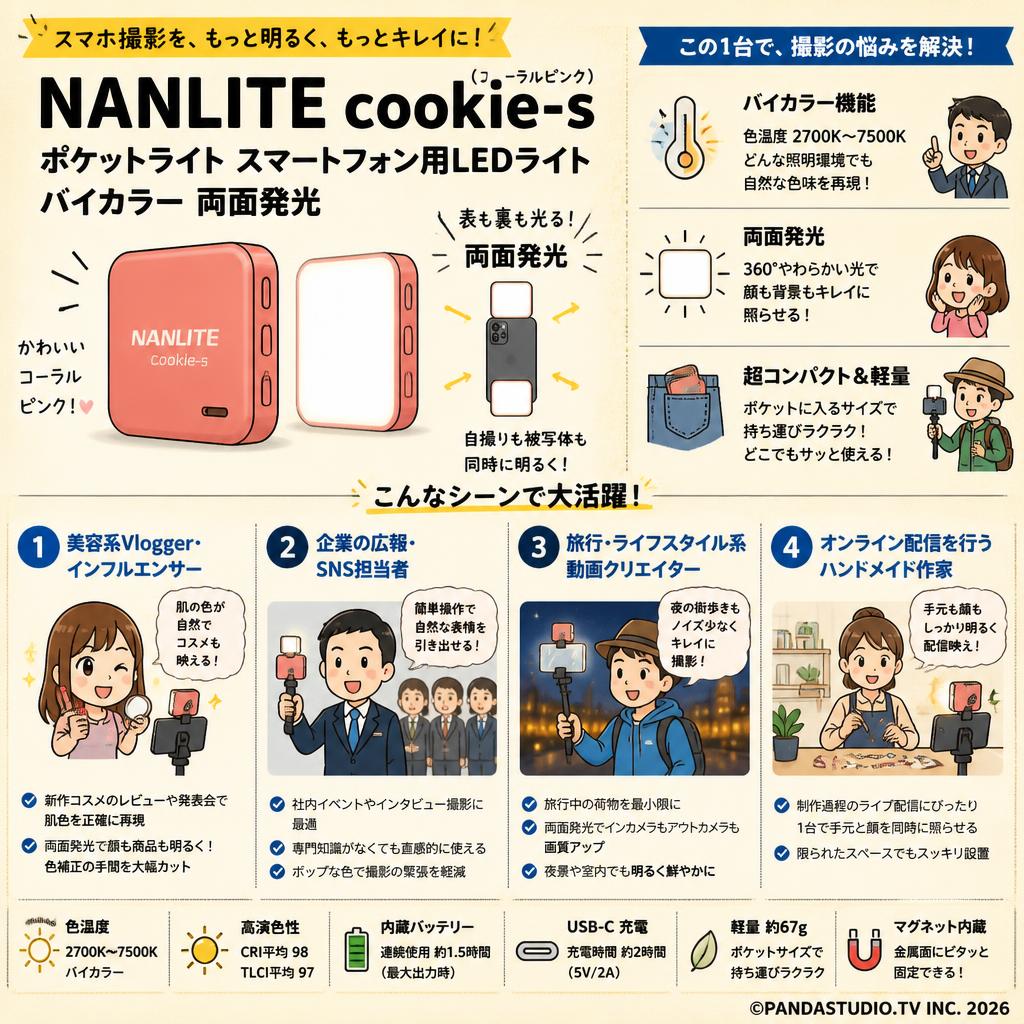 NANLITE cookie-s （コーラルピンク） ポケットライト スマートフォン用LEDライト バイカラー 両面発光 おもな対象のお客様