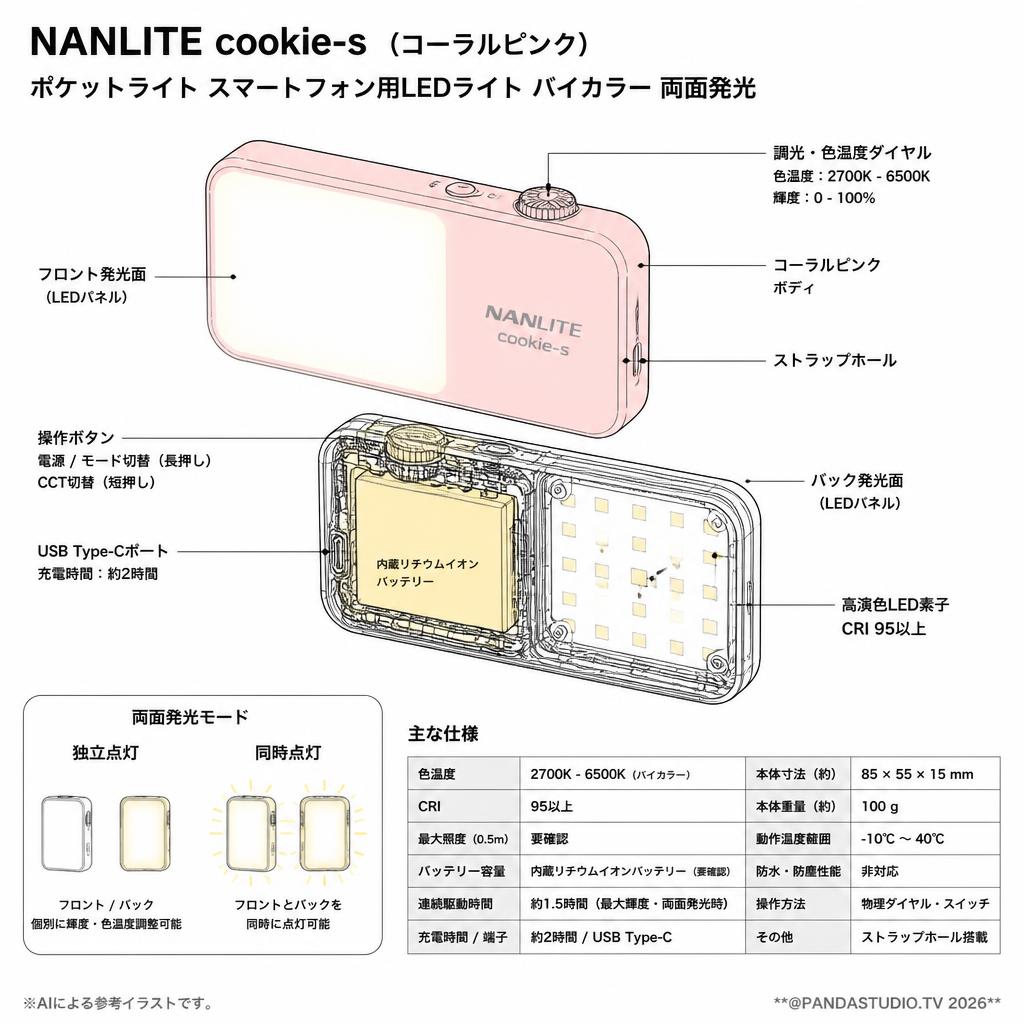NANLITE cookie-s （コーラルピンク） ポケットライト スマートフォン用LEDライト バイカラー 両面発光 スペック