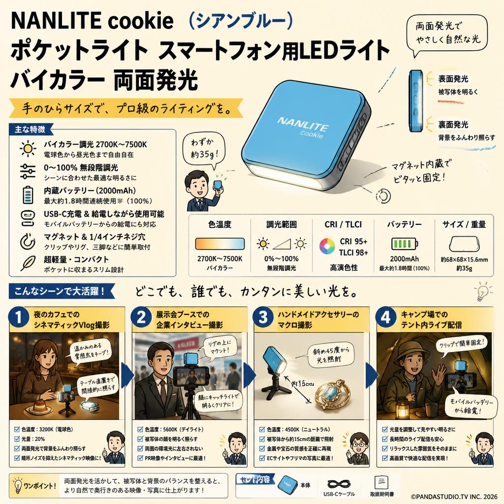 NANLITE cookie （シアンブルー） ポケットライト スマートフォン用LEDライト バイカラー 両面発光 用途