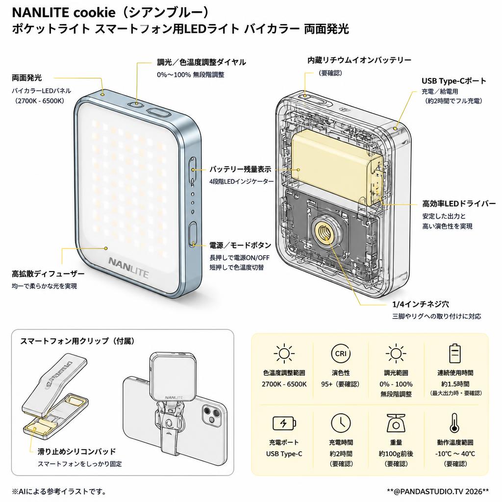 NANLITE cookie （シアンブルー） ポケットライト スマートフォン用LEDライト バイカラー 両面発光 スペック