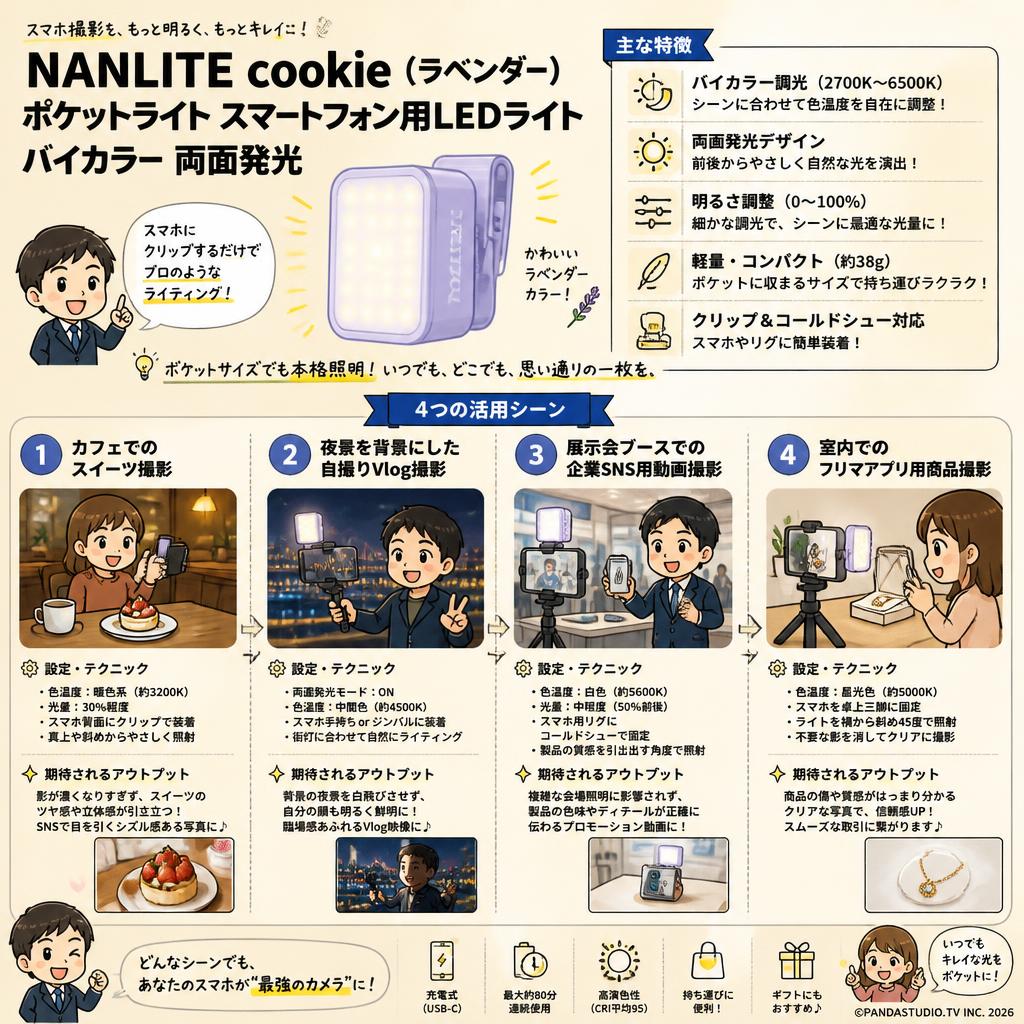 NANLITE cookie （ラベンダー） ポケットライト スマートフォン用LEDライト バイカラー 両面発光 用途