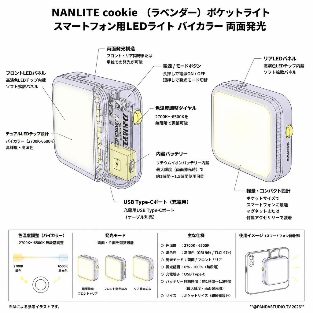 NANLITE cookie （ラベンダー） ポケットライト スマートフォン用LEDライト バイカラー 両面発光 スペック