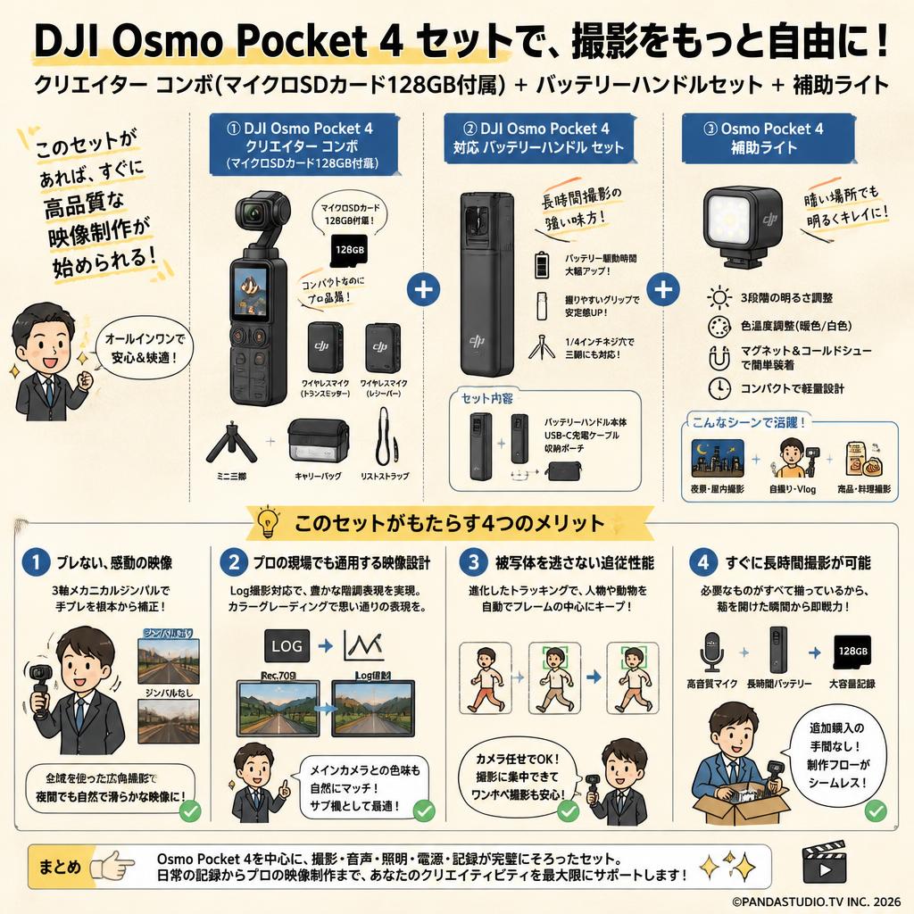 DJI Osmo Pocket 4 クリエイター コンボ (マイクロSDカード128GB付属) + DJI Osmo Pocket 4 対応 バッテリーハンドル セット + Osmo Pocket 4 補助ライト 概要