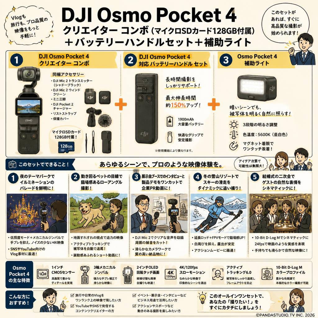 DJI Osmo Pocket 4 クリエイター コンボ (マイクロSDカード128GB付属) + DJI Osmo Pocket 4 対応 バッテリーハンドル セット + Osmo Pocket 4 補助ライト 用途
