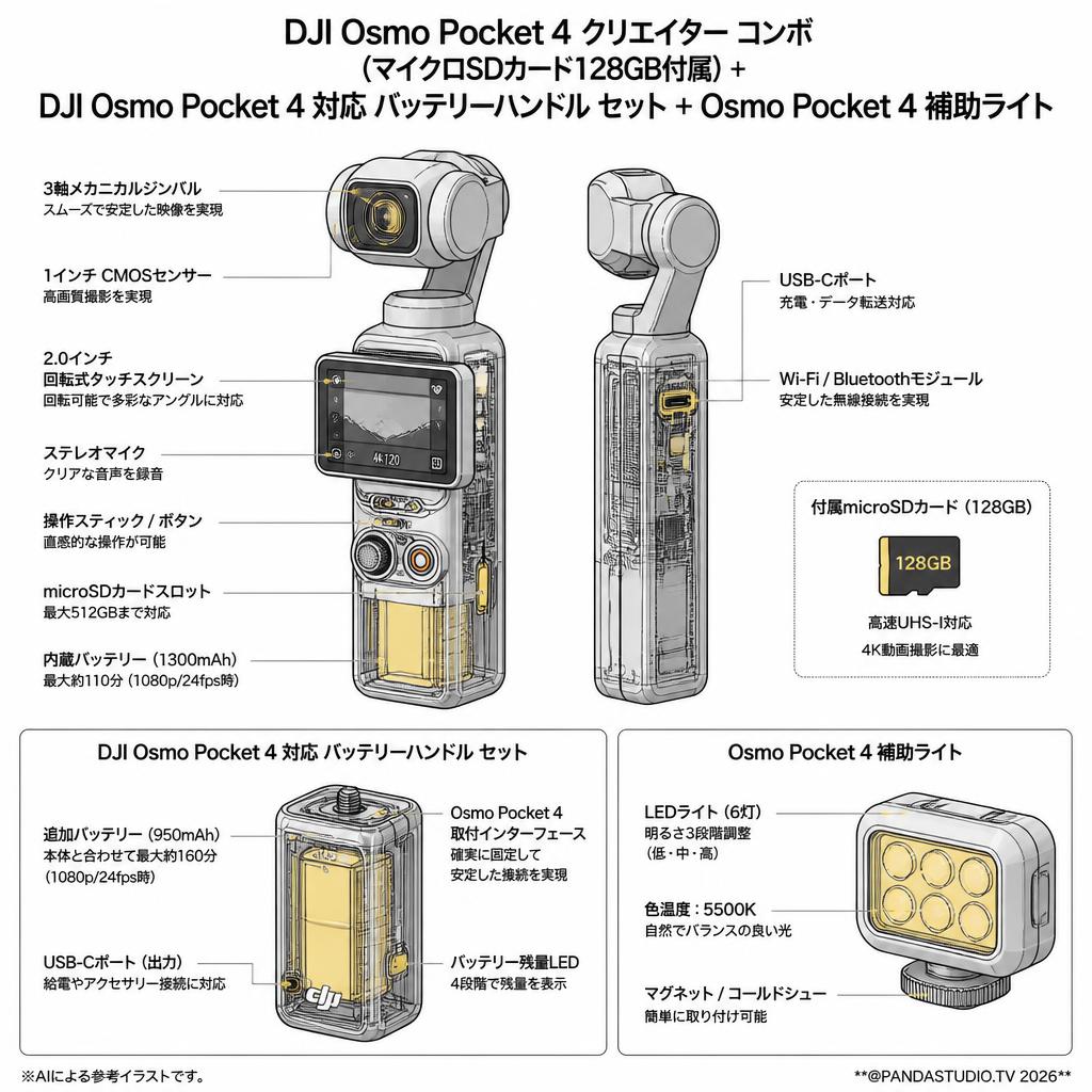 DJI Osmo Pocket 4 クリエイター コンボ (マイクロSDカード128GB付属) + DJI Osmo Pocket 4 対応 バッテリーハンドル セット + Osmo Pocket 4 補助ライト スペック