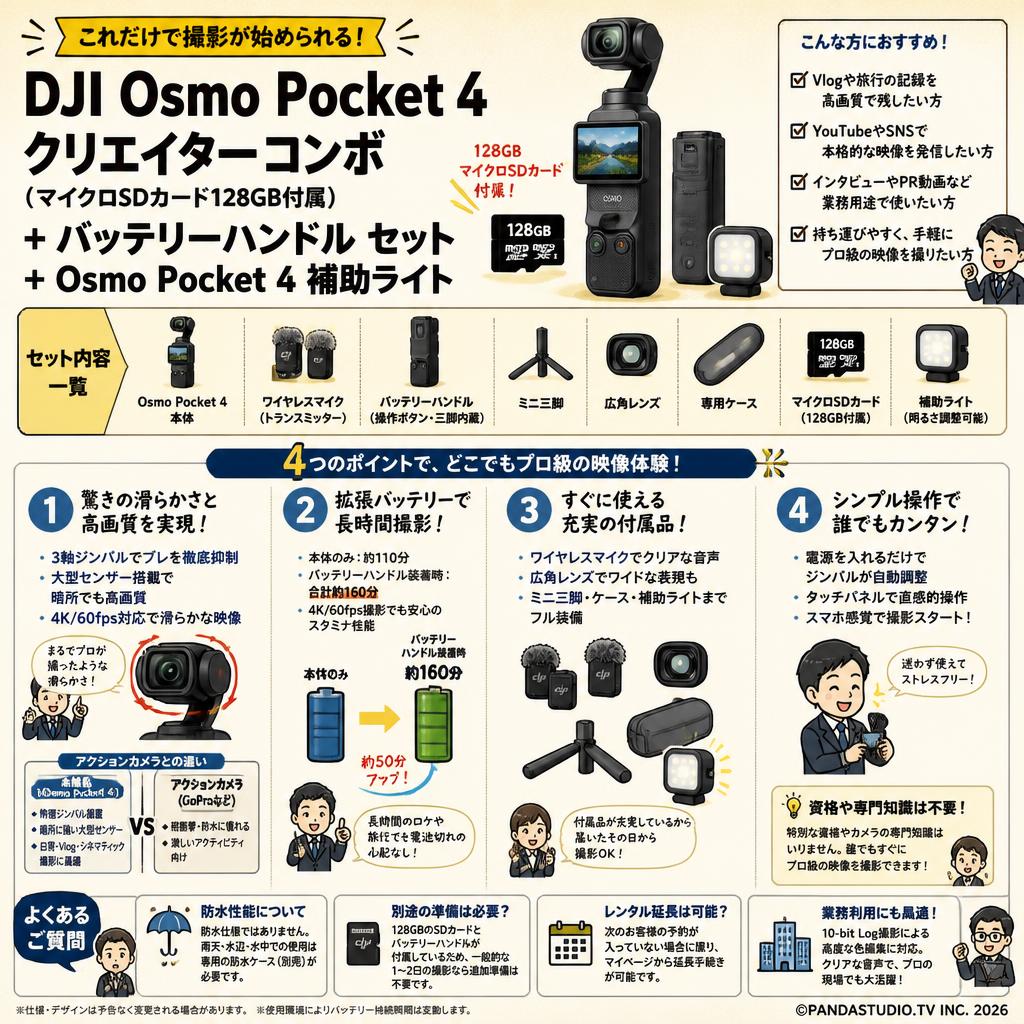 DJI Osmo Pocket 4 クリエイター コンボ (マイクロSDカード128GB付属) + DJI Osmo Pocket 4 対応 バッテリーハンドル セット + Osmo Pocket 4 補助ライト FAQ（よくある質問と答え）