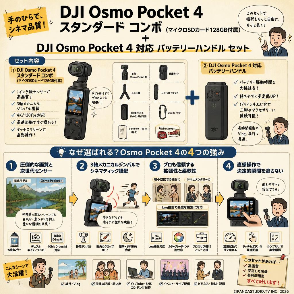 DJI Osmo Pocket 4 スタンダード コンボ  (マイクロSDカード128GB付属) + DJI Osmo Pocket 4 対応 バッテリーハンドル セット 概要