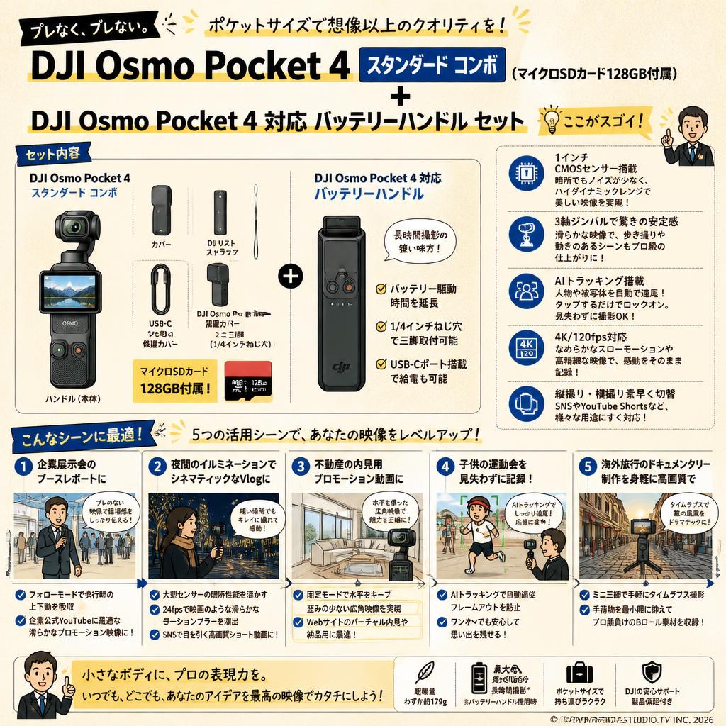 DJI Osmo Pocket 4 スタンダード コンボ  (マイクロSDカード128GB付属) + DJI Osmo Pocket 4 対応 バッテリーハンドル セット 用途