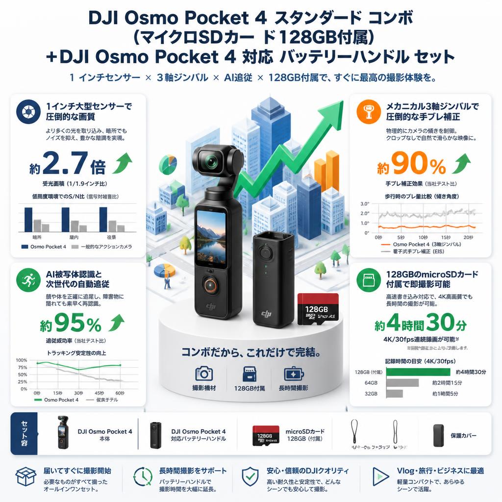 DJI Osmo Pocket 4 スタンダード コンボ  (マイクロSDカード128GB付属) + DJI Osmo Pocket 4 対応 バッテリーハンドル セット セールスポイント