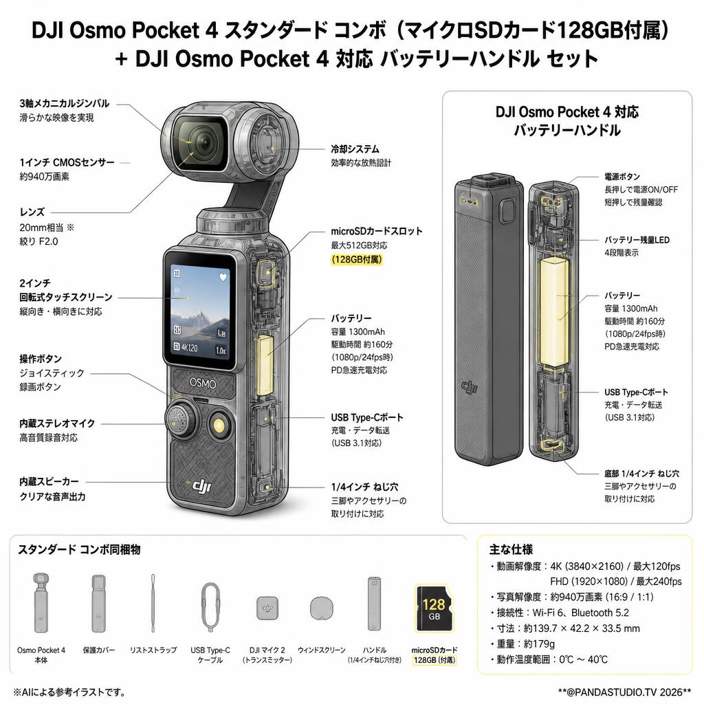 DJI Osmo Pocket 4 スタンダード コンボ  (マイクロSDカード128GB付属) + DJI Osmo Pocket 4 対応 バッテリーハンドル セット スペック