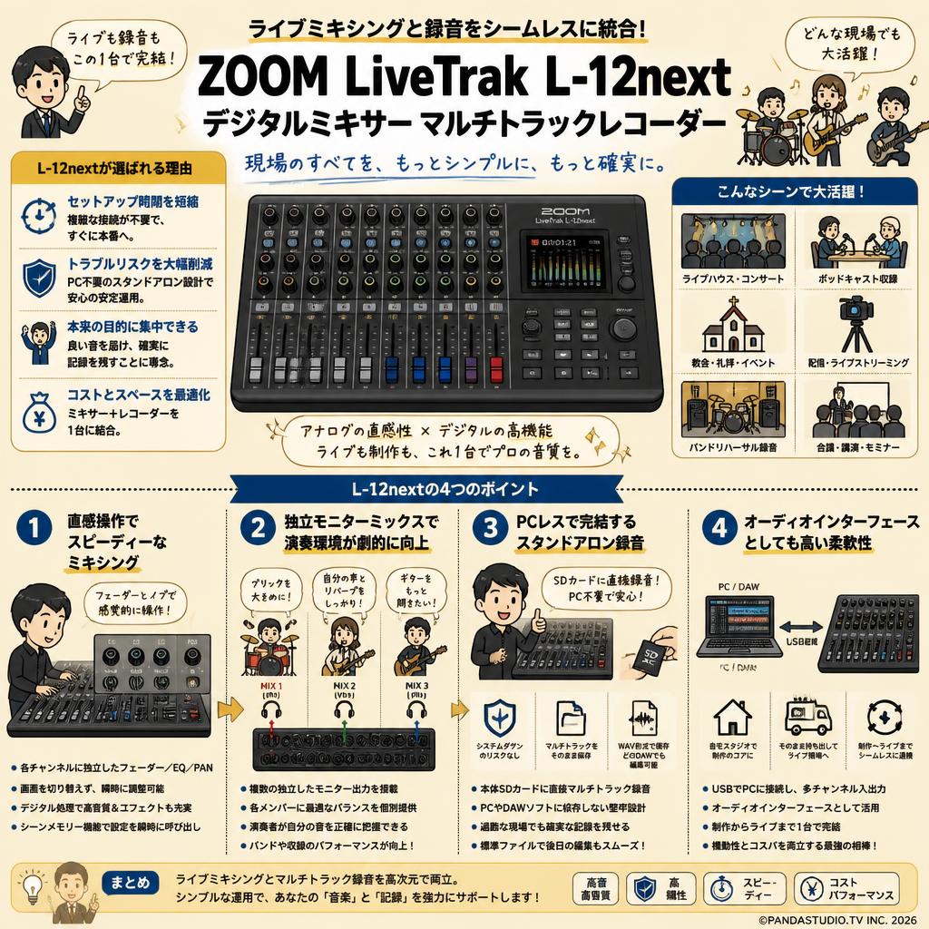 ZOOM LiveTrak L-12next デジタルミキサー マルチトラックレコーダー 概要