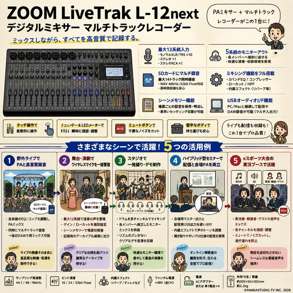 ZOOM LiveTrak L-12next デジタルミキサー マルチトラックレコーダー 用途