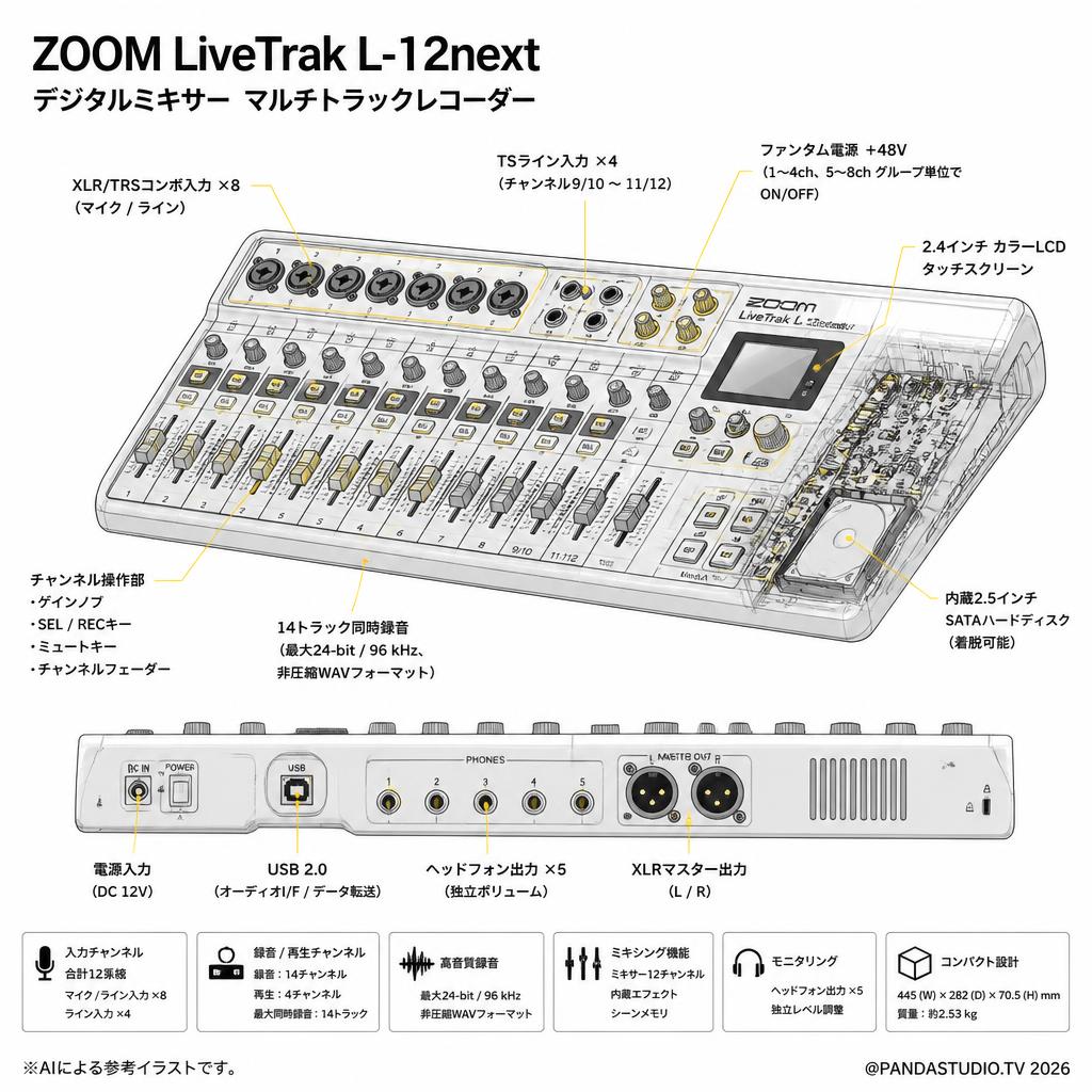 ZOOM LiveTrak L-12next デジタルミキサー マルチトラックレコーダー スペック