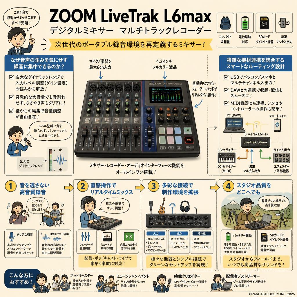 ZOOM LiveTrak L6max デジタルミキサー マルチトラックレコーダー 概要