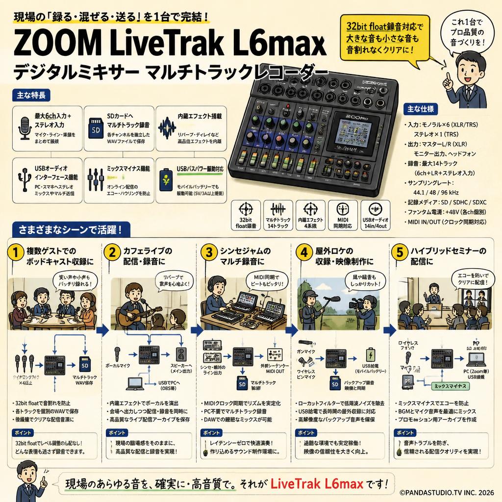 ZOOM LiveTrak L6max デジタルミキサー マルチトラックレコーダー 用途