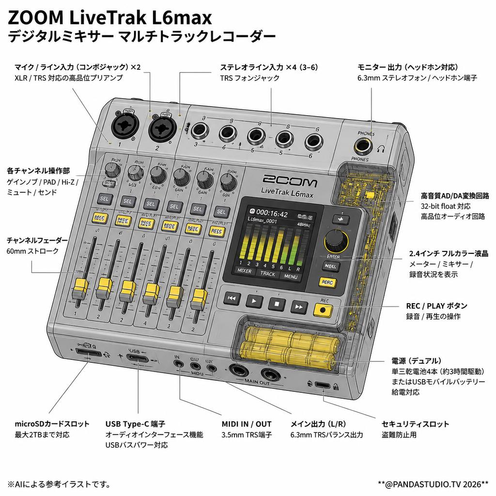 ZOOM LiveTrak L6max デジタルミキサー マルチトラックレコーダー スペック