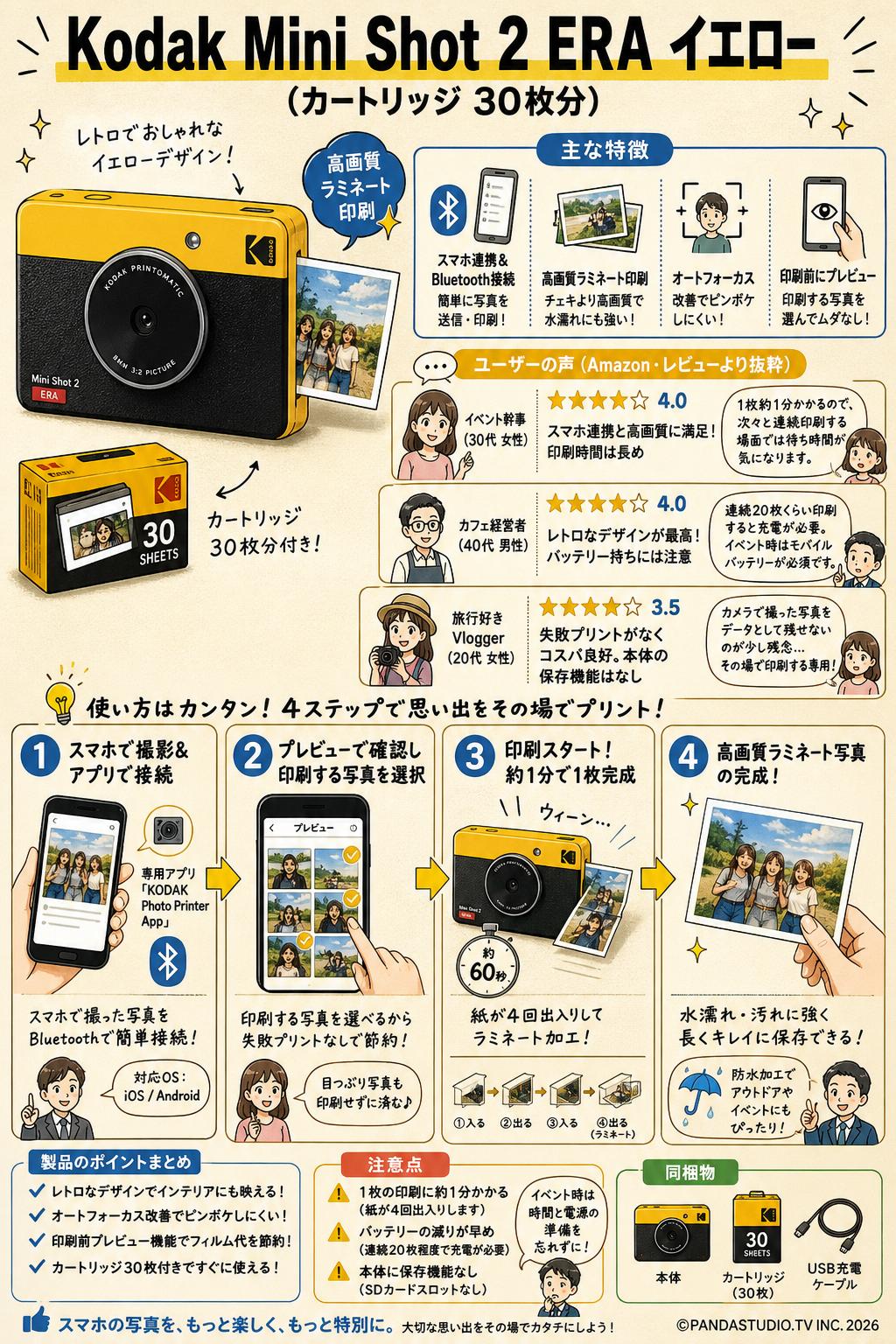 Kodak Mini Shot 2 ERA イエロー (カートリッジ 30枚分) インターネット上のお客様の声（評判）