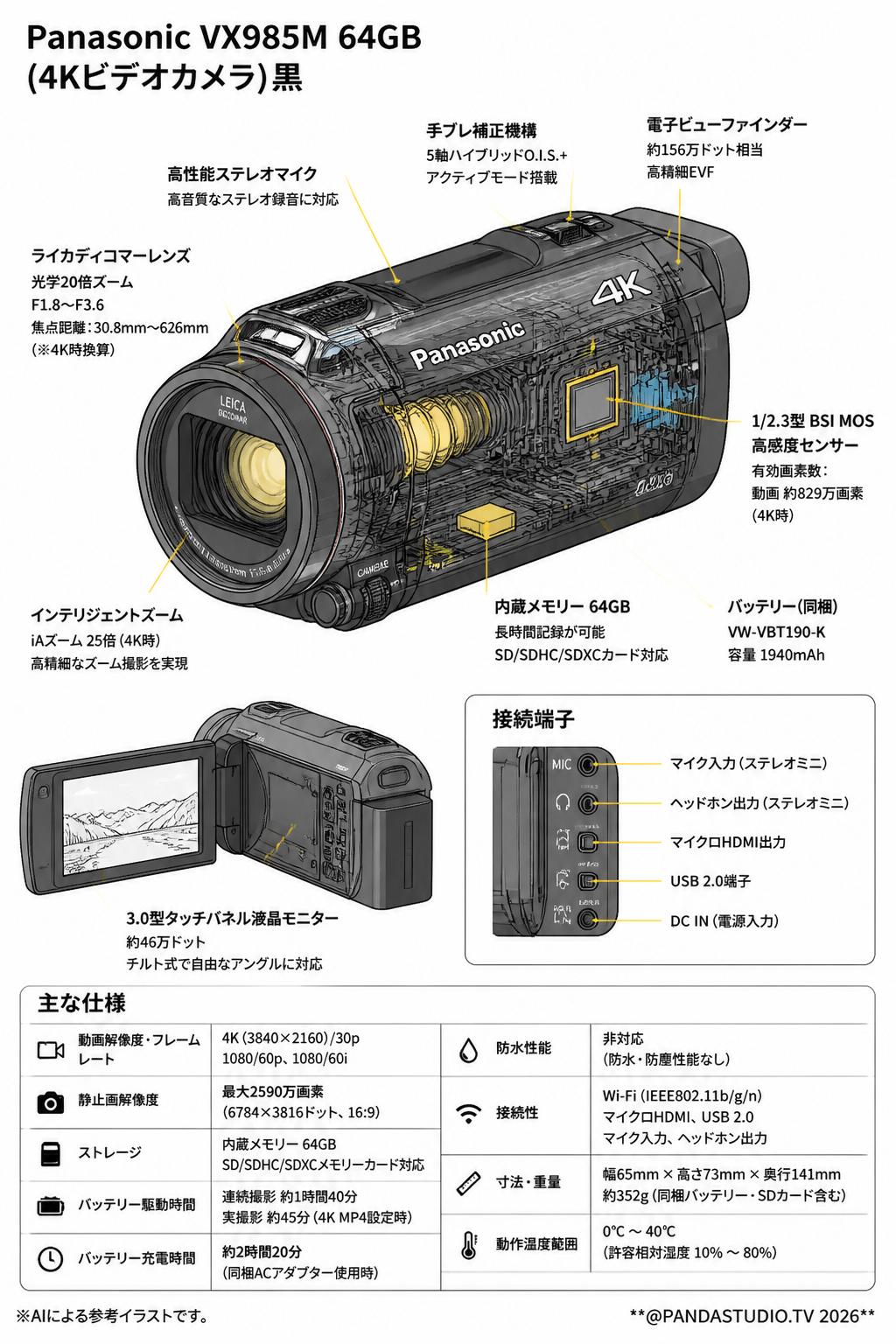 Panasonic VX985M 64GB (4Kビデオカメラ)黒 スペック