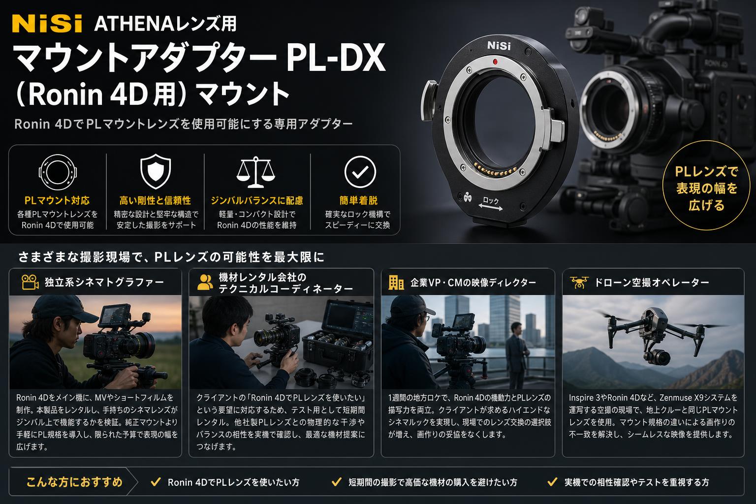 NiSi ATHENAレンズ用マウントアダプター PL-DX （Ronin 4D 用） マウント おもな対象のお客様