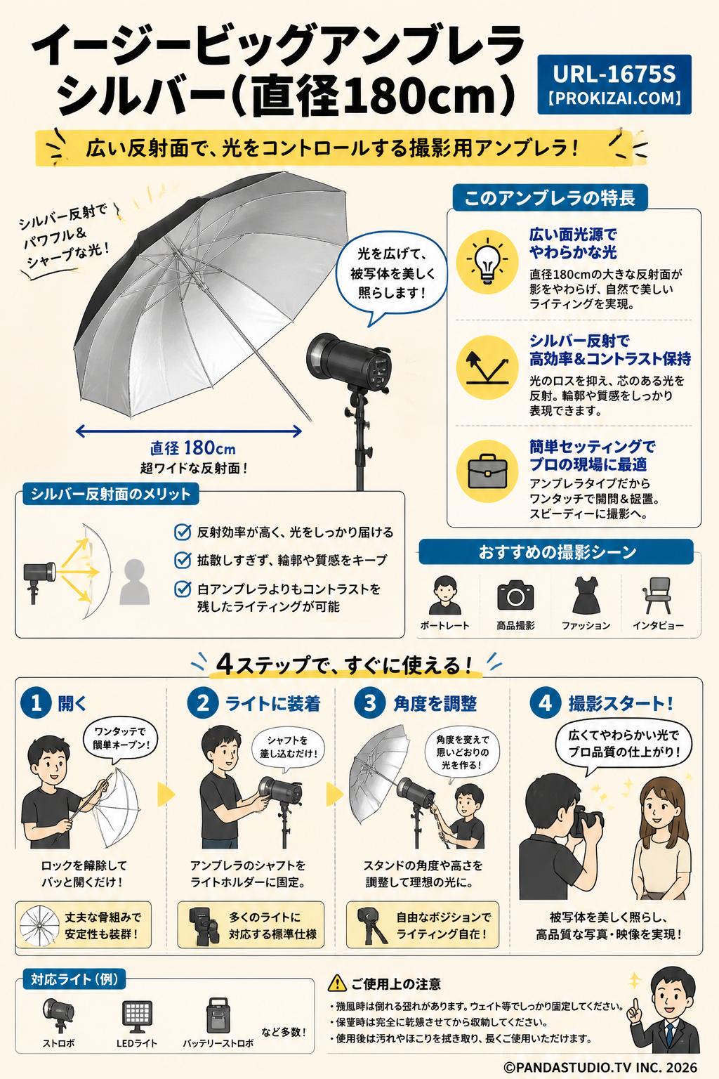 イージービッグアンブレラ シルバー(直径180cm)　URL-1675S 【PROKIZAI.COM】 概要