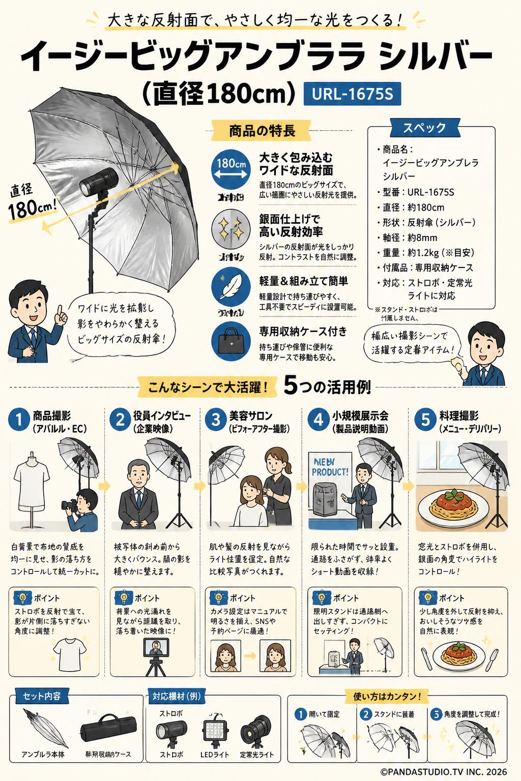 イージービッグアンブレラ シルバー(直径180cm)　URL-1675S 【PROKIZAI.COM】 用途